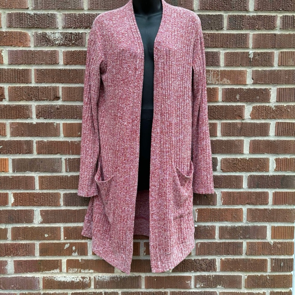Red Tan long cardigan long sleeve knit sweater open front pockets no buttons M